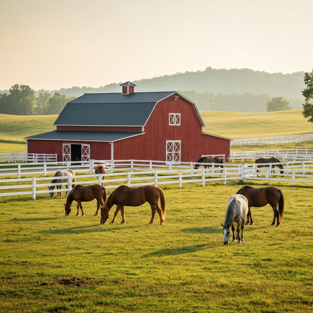 Beautiful red barn and therapy horses at Saddle Up! Nashville